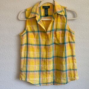 Lauren Ralph Lauren Yellow Plaid 100% Linen Sleeveless Button Down Shirt Small